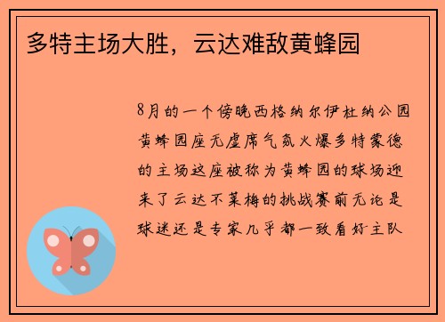 多特主场大胜，云达难敌黄蜂园