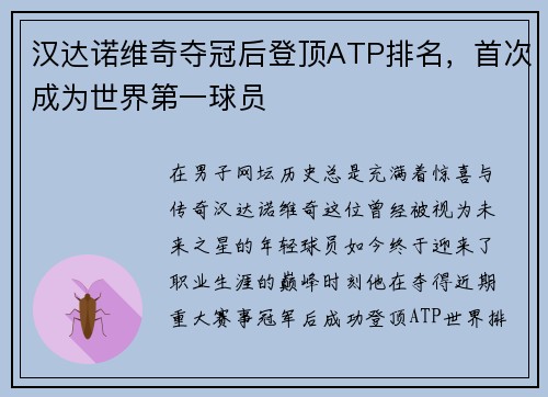 汉达诺维奇夺冠后登顶ATP排名，首次成为世界第一球员